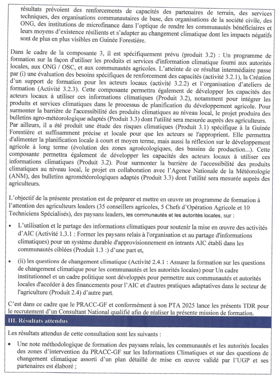 Termes de références pour le Recrutement d'un Consultant National pour la formation des paysans relais, les communautés et les autorités locales des zones d'intervention du PRACC-GF | Page 2